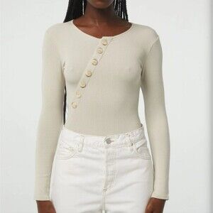 The Line By K Evelyn Bodysuit Cement Large Stretchy asymmetrical Front Button
